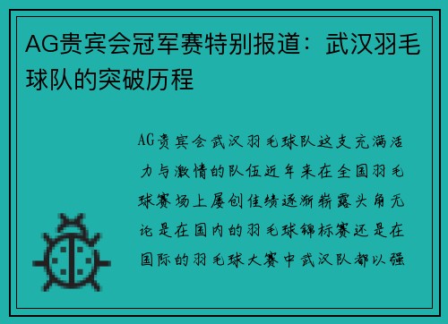 AG贵宾会冠军赛特别报道：武汉羽毛球队的突破历程