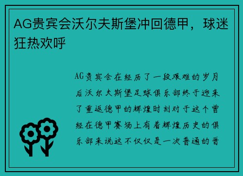 AG贵宾会沃尔夫斯堡冲回德甲，球迷狂热欢呼
